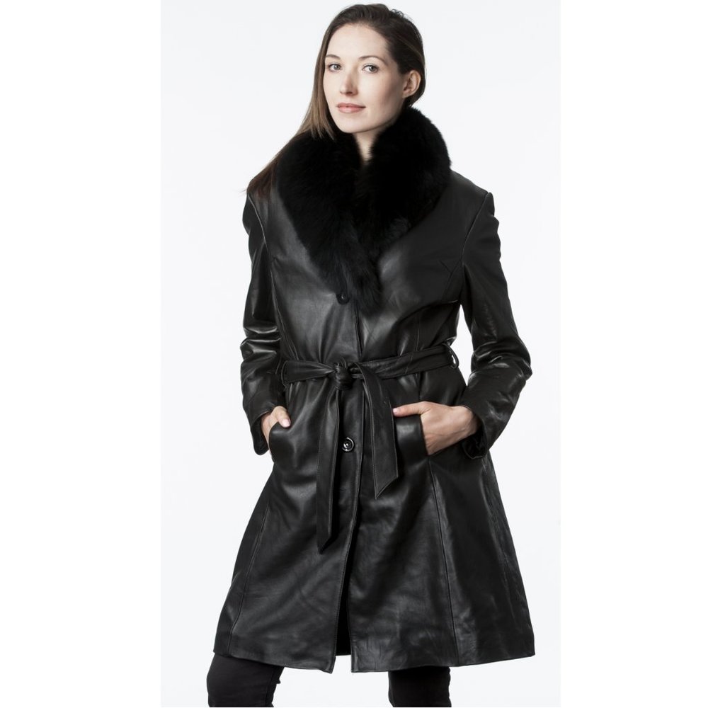 SALE Lamb Leather 39” Coat with Fox Fur Collar